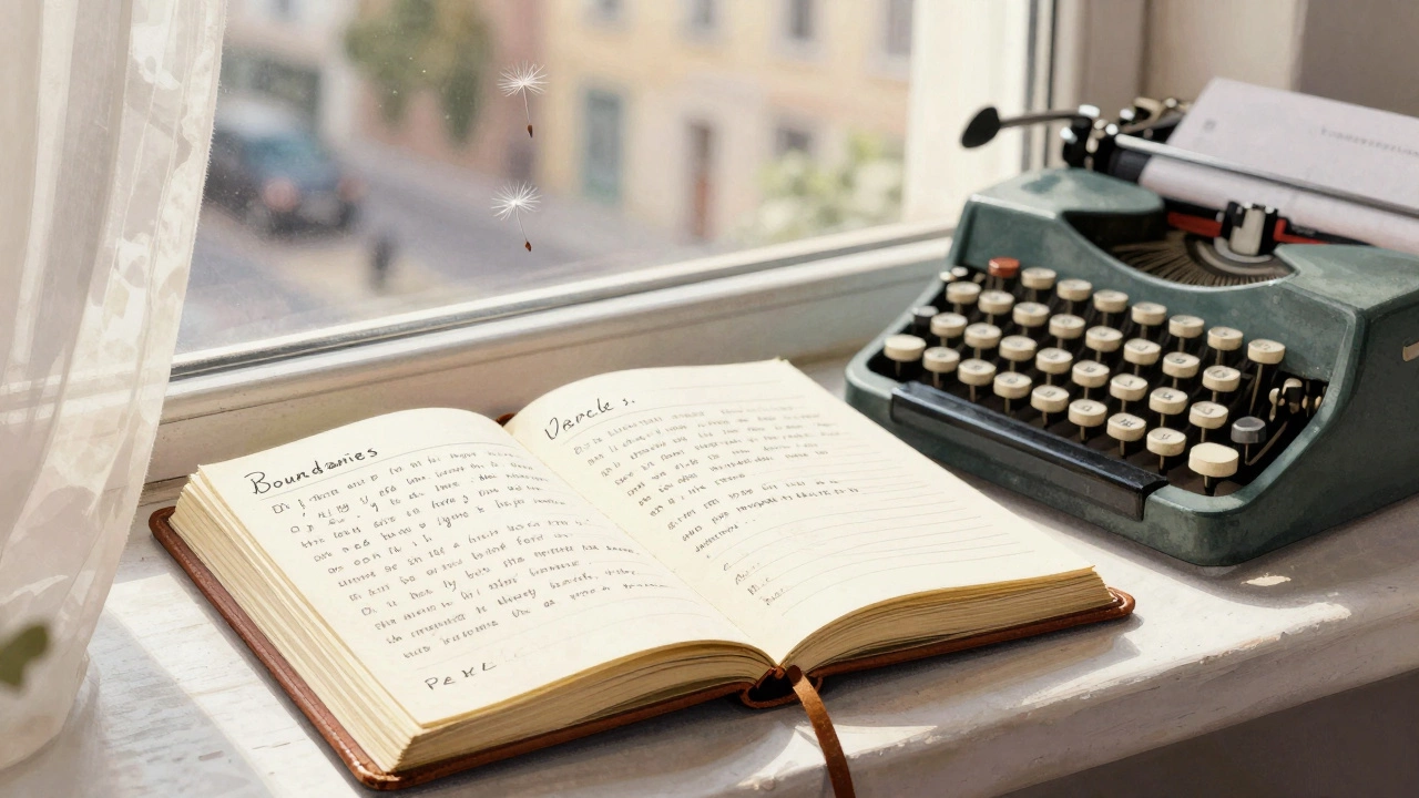 An open journal with handwritten notes on boundaries and client stories, beside a vintage typewriter.