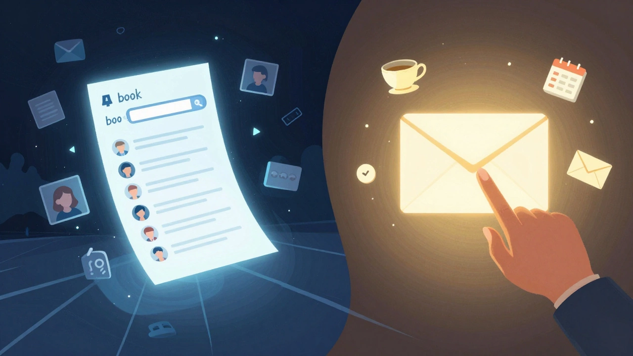 Two contrasting paths: chaotic digital search algorithms vs. a warm, personal email inbox symbolizing trust.